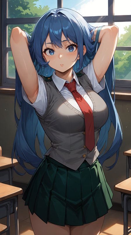 score_9,score_8_up,score_7_up,score_6_up, <lora:xl_more_art-full_v1:0.5>, source_anime, girl, dynamic pose, arms behind her head,  <lora:Nejire Hado - Pony-000004:0.8>, long hair, blue hair, blue eyes, school uniform, grey vest, red necktie, pleated skirt, green skirt, classroom, large window, light rays, deep in thought, thinking,