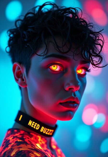 hyper-realistic, cinematic portrait, capturing the essence of 'I NEED BUZZ' as a visceral, multi-sensory experience, gender-fluid figure with androgynous features, close up, intricate artwork, neon makeup, bioluminescent tattoos that pulsate with the rhythm of an unseen energy source, glowing neon skin, neon glowing eyes, red neon eyes, eyes glow with an inner light, reflecting the chaotic beauty of a digital rave, short curly hair, neon choker necklace with yellow text, futuristic clothing with neon patterns, swirling vortex of vibrant colored neon lights and fragmented pixels, blue and pink lighting creating high contrast, sense of immersive, hallucinatory immersion, 'I NEED BUZZ' glitching text overlay, 'I NEED BUZZ' subliminal pattern within light patterns, fusion of cyberpunk, glitch art, and baroque painting, visually arresting, emotionally charged, bright cyberpunk glow, neon vibes, neon cyberpunk style, cyberpunk neon, cyberpunk art style, cyberpunk with neon lighting, focused and intense atmosphere, close-up perspective, shallow depth of field, sharp focus on accessories and hair, artistic and edgy vibe, detailed skin texture, realistic cybernetic enhancements, ultra-detailed bioluminescence, realistic neon glow, volumetric lighting, cinematic color grading, intricate surface details, high contrast lighting, sharp focus, extreme detail, photorealistic rendering, octane render, unreal engine,