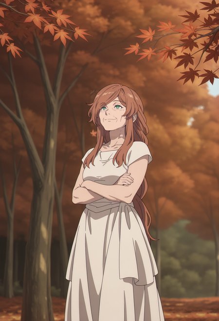 1girl,solo,Flamme,old woman,long hair,brown hair,green eyes,anime coloring,
white dress,cowboy shot, crossed arms, looking up, smile,outdoors,maple leaf,tree,
,masterpiece,best quality,amazing quality,<lora:Flamme-Sousou_no_Frieren:0.8>