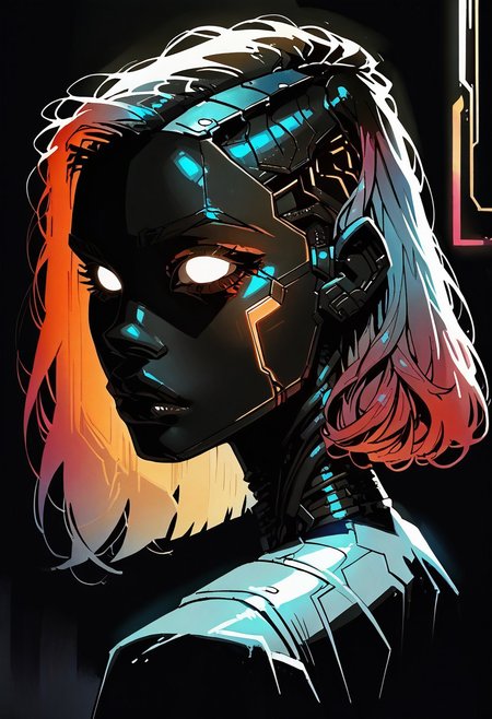 score_9, score_8_up, score_7_up, score_6_up, 19 year old, asian, e-girl, watercolor painting, cyborg, robotic, woman, skinny, petite, makeup, perky nose, parted lips, (hands down, arms down), machine, cybernetic skin, (puffy lips:0.85), bobcut, multicolored hair, looking at viewer, from above, left side view, portrait, g0th1c, glowing, neon lights, glowing eyes,