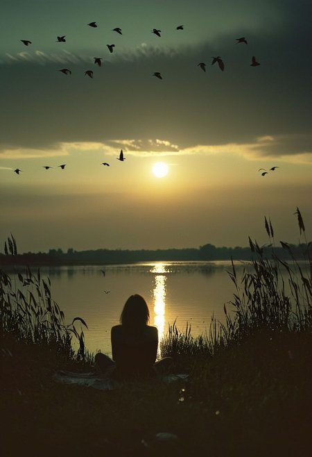 carcosa city style, A beautiful Lake, a Woman sitting in high Grass, infront of the atmospheric sunrise, a Flock of birds, crepuscular rays, volumetric lighting, ultra detailed, deep Blacks, very detailed, atmospheric haze, Film grain, cinematic film still, shallow depth of field, highly detailed, high budget, cinemascope, moody, epic, OverallDetail, 2000s vintage RAW photo, photorealistic, candid camera, color graded cinematic, eye catchlights, atmospheric lighting, imperfections, natural, shallow dof