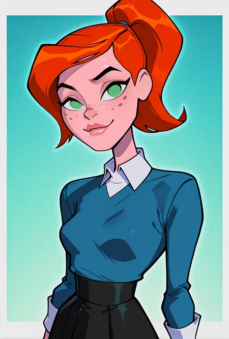 ((cartoon, screencap,))  <lora:ovgwen-10:1> ovgwen, green eyes, orange hair, 1girl, ponytail, freckles, blue shirt, white collar, lips, black skirt, long sleeves, white cuffs,, looking at viewer, smile,  blue background, aesthetic, good quality,, upper body, halftone effect, white borders, abstract background:1.2,