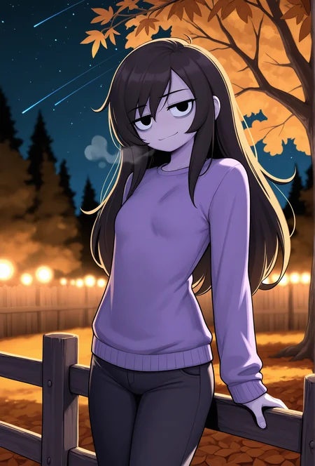 masterpiece,best quality,amazing quality, <lora:rosemary_cabronpr_illustrious_v1f:0.75> rosemary, 1girl, solo, black eyes, no nose,long hair, bags under eyes, jitome, light smile, looking at viewer, breath BREAK
(depth of field:1.3), purple sweater, pants, small breasts, dark, low lighting, dim lighting, night, starry sky, tree, autumn, wooden fence, shooting star