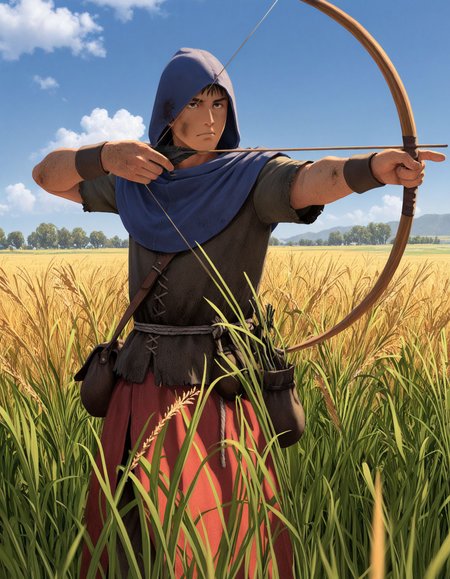masterpiece, good quality, best quality,  2d, anime, 
bretonnianpeasant, 1boy, hood, bow \(weapon\), 
wheat field, dirty face, aiming,
 <lora:BretonnianPeasant_Vpred:0.6>