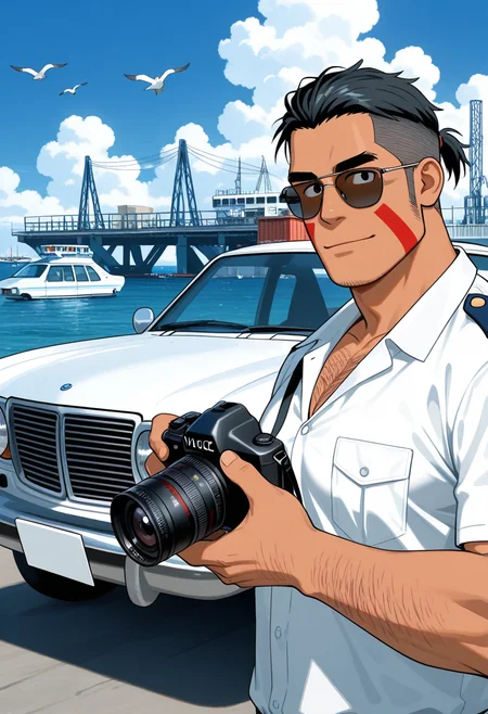 1boy, portrait, police uniform, holding camera, scenery, looking at viewer, light smile, sunglasses, outdoors, standing, male focus, taking picture, closed mouth, facing viewer, 
BREAK
<lora:Budan_from_Low_Tribe_by_Gai_Mizuki_v0.1:1> large pectorals, muscular, red facepaint, chest hair, manly, long sideburns, thick arms,
budanlowtribe, mature male, thick eyebrows, under cut, black eyes, black hair, short hair, ponytail, dark skin,
BREAK
leaning on car, white car, volvo, volvo 240, harbor, cranes, industrial, outdoors, shipping container, blue sky, cloudy sky, ship, flower on car, seagull,
BREAK
(bara), best quality, masterpiece, very aesthetic, absurdres, highest detailed, very awa,