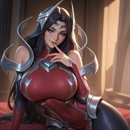 masterpiece, best quality, absurdres, highres, ireliadefault, 1girl, red dress, silver armored dress, silver diadem, silver hair ornament, bare shoulders, detached sleeves, black hair, long hair, blue eyes, huge breasts, thick thighs, seductive smile, finger to mouth,  <lora:Irelia:1>
