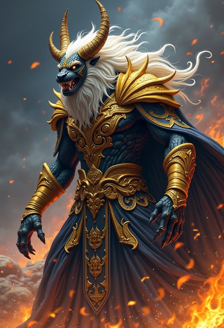 high quality, highly detailed, colorful, abstract, fantasy, fantasy background, The image is a realistic photo of a mythical creature with a fierce expression. The creature appears to be a warrior, with a large, muscular body and sharp claws. It is wearing a long, flowing robe with intricate patterns and designs. The robe is black with gold accents, and it is covered in a thick layer of gold.  The creature has two large horns on its head, which are pointed and pointed at the top. The horns are covered in white hair, which is flowing in the wind. The hair is also covered in gold, giving the creature a regal and powerful appearance. The background is a dark, cloudy sky with orange and yellow flames surrounding the creature, creating a dramatic and intense atmosphere. The overall color palette of the image is predominantly black and gold, with hints of blue and purple. The image conveys a sense of power and strength, as if the creature is ready for battle., Fine-Cut Glass<lora:FLUX\Enhancer\MysticFantasy.safetensors:0.8:0.8> <lora:FLUX\Enhancer\flux_vividizer.safetensors:0.8:0.8> <lora:FLUX\Style\Fine-Cut_Glass_Flux.safetensors:0.6:0.6>