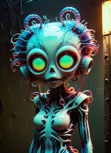 Adorable Kawaii, Ombre color scheme of neon pink, neon blue, neon yellow, neon green, neon orange, cinematic photo cinematic photo big eyed alien, Tentacle  worm  naoto hattori, jeremy lipking,  neon glitch, subsurface scattering, Photorealistic, Hyperrealistic, analog style, realistic, film photography, soft lighting, heavy shadow, 35mm photograph, film, professional, 4k, highly detailed  <lora:GigerRainbowXL:0.49> g1h3r, <lora:linquivera:0.38> linquivera, liiv1 <lora:Melting_world:0.36> <lora:envyStarlight_v10:0.8> <lora:fx-monsters-XL:0.36>, subsurface scattering, Photorealistic, Hyperrealistic, analog style, realistic, film photography, soft lighting, heavy shadow, 35mm photograph, film, professional, 4k, highly detailed , pretty, cute, adorable, kawaii