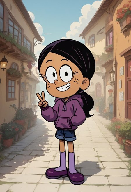 score_9, score_8_up, score_7_up, score_6_up, score_5_up, 1girl, solo,
masterpiece, best quality, absurdes,
<Lora:RonnieA:1>
Ronnie_anne, Mexican-American girl, ponytail, black hair, tan skin, freckles on cheeks,
purple hoodie, , blue jean shorts, purple thigh-highs, purple flat shoes,,
grin, smile,mouth closed,V sigh,
outdoors, looking at viewer, 3/4 angle,
<lora:Expressive_H:0.7> Expressiveh,
<lora:add-detail-xl:0.9>
 <lora:light:1> neolight