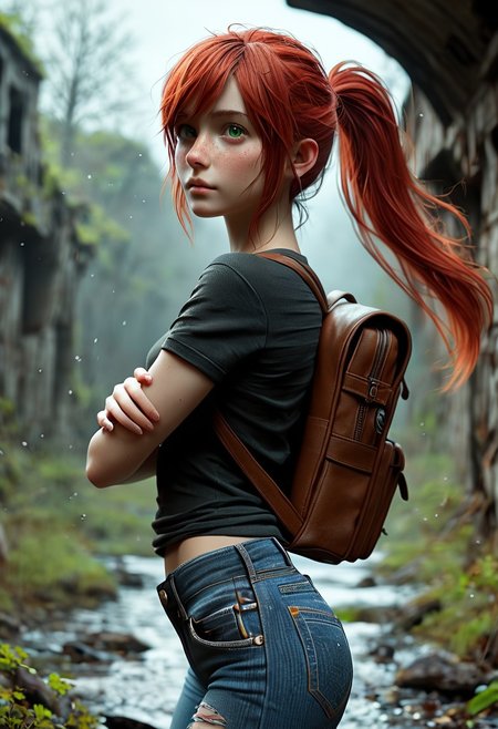 score_9, score_8_up, score_7_up,  1woman,  Masterpiece, 4k, ultra high detail, 21yo, small_breast_size, long red ponytail hair, fcNeg, stunning green eyes, freckles, white skin, small nose, innocent beauty, slim cute face,  skinny body, red hair, adult woman, 
Alerted look, dry tears, dirty clothes, dirty face, 
 particles, 
Dark sky with stormclouds, ash, falling Ash like dark snow, ruins, wasteland, cityruins, lightly torn dark gamer_shirt, heavy_torn_dirty_skinny_jeans, dirty_clothes, used_camping_backpack,
End of the World, 
negative_hand, NightScapes, ng_deepnegative_v1_75t, green eyes, perfecteyes,
