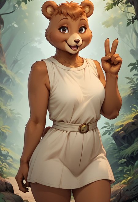 score_9, score_8_up, score_7_up, score_6_up, source_realistic, highly detailed, detailed eyes, Teddy Ruxpin, cartoon bear standing in a forest, looking at viewer, 1girl, solo, anthro, furry, bear, happy, smile, V,