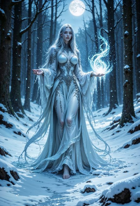 In a frigid, enchanted forest, a frost enchantress moves gracefully through the frozen landscape. Her skin shimmers like ice, and her long, silvery-blue hair trails behind her like a frozen river. She wears a gown made of frost and icicles that glimmer in the faint moonlight. In her hands, she conjures a swirling snowstorm that seems to have a life of its own. The atmosphere is cold, eerie, and ethereal, with snowflakes gently falling, captured in a soft focus, highlighting the intricate details of her icy magic.