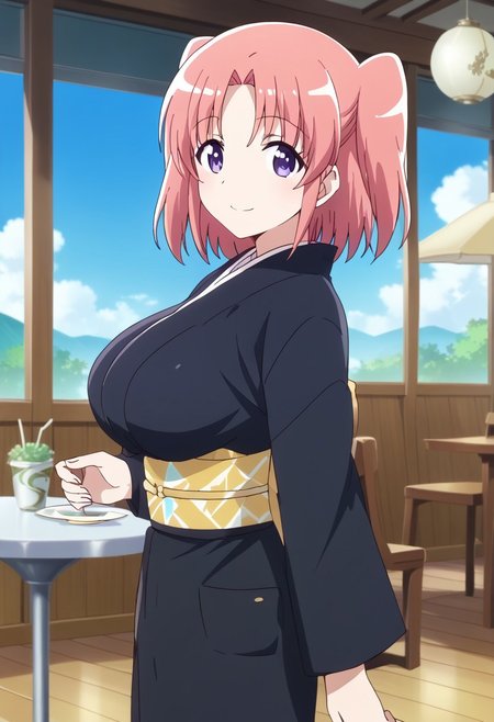 (score_9:0.9),score_8_up,score_7_up,rating_safe,anime style,(zPDXL),masterpiece, anime coloring) rating_safe, anime style, anime_screencap, source_anime,
BREAK source_anime, anime, best quality, masterpiece, rating_safe, uncensored, High quality, 8k, Ultra, Expressiveh,
BREAK (Cafe, cafe terrace, sunny weather, clouds, sun),
BREAK  1girl, kobeni, 
tomesode,black kimono,obi,
BREAK  ((cowboy shot)),(standing),(from front),
busty breasts,(large breasts:1.2),looking at viewer,smile,