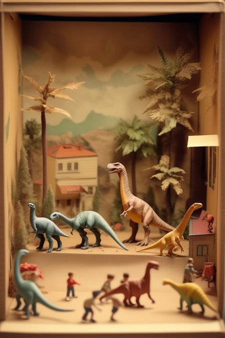 <lora:Diorama:1>Diorama - a nostalgic childhood diorama of a dinosaur scene. Made in a shoebox. Old photograph style