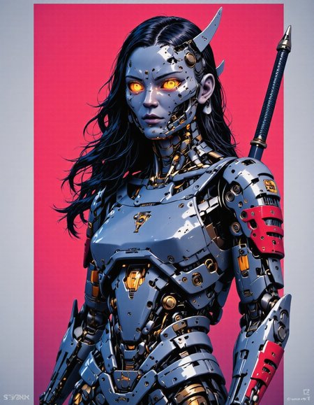 Inkpunk Anime, cyberpunk robot samurai woman, robot face with mirrored face shield, hyperdetailed helmet, flowing black hair, reflective black and red armor, robot joints, body made of metals, cables and wires, a katana strapped to her back, abstract colour gradient background
<lora:tost-2024-10-14-22-58-59-c7ay1fy:1> <lora:flux_train_replicate:1>  <lora:CPA:1> <lora:FluxRoboStyle:1>