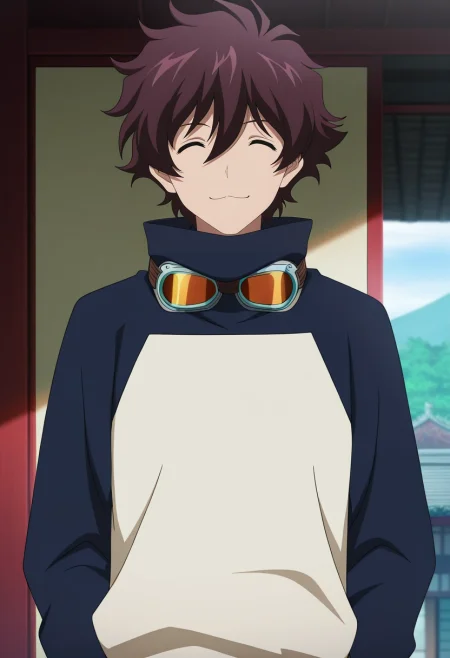 masterpiece, best quality, , anime screencap, anime coloring, official style, looking at viewer, 1boy, solo, male focus, <lora:leonardo_watch_ilxl:0.92>, leonardo_watch, brown hair, short hair, hair between eyes, bangs, closed eyes, goggles around neck, asymmetrical, east asian architecture, midnight, standing, :\3,