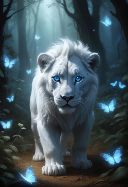 <lora:PonySpiritAnimals:1> Spirit animal, score_9, score_8_up, score_7_up, score_6_up, score_5_up, score_4_up, ethereal ghost baby lion, adorable, cartoon character, glowing blue eyes, glowing butterflies, night time fantasy forest, realistic, extremely detailed, no humans