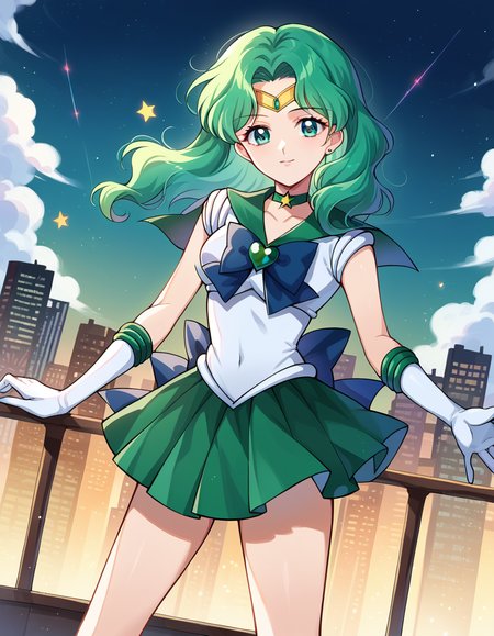 score_9, score_8_up, score_7_up, source_anime,
sailorneptune, <lora:sailor-neptune-ponyxl-lora-nochekaiser:1>
sailor neptune, green eyes, forehead jewel, green hair, medium hair, tiara,
brooch, choker, gloves, heart, heart brooch, jewelry, magical girl, sailor senshi uniform, skirt, star choker, white gloves, bow, green bow, green sailor collar, green skirt,
outdoors, cityscape,
looking at viewer, cowboy shot, dutch angle,