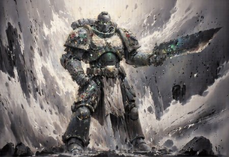 A terrifying Chaos Space Marine in full, corrupted battle armor, a towering figure of horror standing proudly amidst the ruins of a war-torn battlefield. His armor, a blasphemous union of ancient, pitted metal and grotesque organic growths, pulsates with a sickly green aura, the very essence of the Warp coursing through it. The once gleaming plates of his power armor are now a twisted tapestry of unholy runes, etched with the foul knowledge of the Dark Gods. The crimson blood that seeps from the armor's cracks and joints glows eerily, a grim testament to the unspeakable rituals that have bound him to his unearthly patron. His gauntlets end in claw-like fists adorned with jagged spikes, while chains hang menacingly from his shoulders, each link a symbol of the endless torment and loyalty to his chaotic cause. In his powerful grip, he wields a colossal power axe, its barbed head crackling with malevolent red lightning, a weapon born of the very fabric of the Eye of Terror. The backdrop is a tableau of hellish grandeur. The only constant in this tumult is the piercing gaze of the Marine's eyes, burning with a feral, unnatural green light that seems to cut through the gloom, a silent promise of doom for any who dare oppose him. The entire scene is rendered in stunning 8K resolution, with hyper-detailed textures bringing the grotesque beauty of the corrupted armor and the desolate grandeur of the battlefield to life in a way that is both visceral and hauntingly realistic.