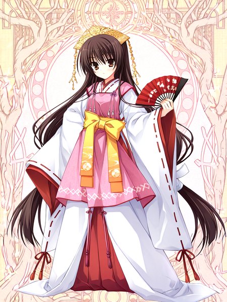 <lora:sakuyahime-tenshin-000009:1>,il-unohana-sakuya,1girl,ukami outfit,solo,japanese clothes,brown hair,
very long hair,yellow bow on waist,ribbon-trimmed sleeves,miko,pink wide shoulder strap out layer,white outer  long under layer,elegant white gown with a trailing hem,red layer skirt inner,holding a closed black folding fan wrapped with decorative threads,
<lora:add-detail-xl:1>,<lora:ponyv4_noob1_2_adamW-000017:0.8>,wear clothes,