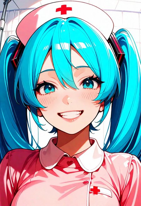 1girl, hatsune_miku, 
teeth, lips, thin lips, 
solo, looking at viewer, upper body, 
masterpiece, best quality, very aesthetic, 
smile,
nurse costume,
hospital,