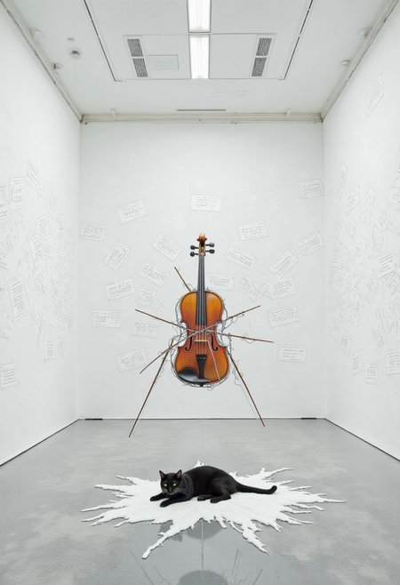 A stark white museum room with only one object: a floating violin, wrapped in barbed wire and humming softly. On the walls, light projections simulate falling snow, each flake a tiny sheet of music in a different language. A black cat lies curled beneath the violin, unmoving, casting no shadow. The composition obeys the rule of odds, placing tension on the emptiness around the object. Minimalistic , Retro Modern style