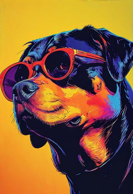 impactful color paint of, a Rottweiler wearing dark sunglasses, highly detailed, vibrant colors , 8k, sharp, professional, clear, high contrast, high saturated, , vivid deep blacks, crystal clear