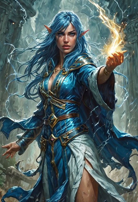 Full body shot of elf storm mage, elf ears, gorgeous, woman, fantasy, long electric blue hair with fringe bangs, blue and silver mage robes, large white eyes, face focus, yelling, confident, magic lightning spell, subject in the rain, masterful painting in the style of Anders Zorn | Marco Mazzoni | Yuri Ivanovich, Todd McFarlane, oil on canvas, BadDream