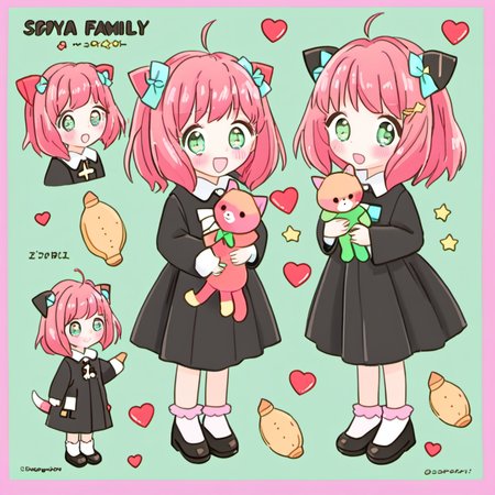 <lora:cartoon_stickers_xl_v1:0.9>,
a drawing of a girl with pink hair holding a cat and a cat doll with hearts around her neck,1girl,looking_at_viewer,blush,smile,short_hair,open_mouth,bangs,simple_background,long_sleeves,dress,bow,ribbon,holding,green_eyes,full_body,closed_eyes,pink_hair,ahoge,:d,heart,food,horns,shoes,socks,medium_hair,twitter_username,star_\(symbol\),black_footwear,:o,black_dress,english_text,sparkle,multiple_views,stuffed_toy,stuffed_animal,child,female_child,bread,bobby_socks,holding_stuffed_toy,sparkling_eyes,hairpods,taiyaki,baguette,melon_bread,anya_\(spy_x_family\),closed_mouth,standing,bowtie,character_name,white_socks,shaded_face,mary_janes,+_+,expressions,