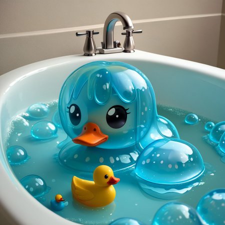 {1rubber duck, 1 rubber duck made out of slime, (slime rubber duck:1.5), yellow slime body, orange slime beak, glossy black eyes, translucent slime rubber duck, transparent slime rubber duck}
hud_sp_bth, flower, petals, water, bath, in an elegant bath tub, bubbles made out of slime, slimes hiding in the bath bubbles, bubble bath, perspective from inside tub, prespective from inside bath,
everything made of slime, No simple background,
((translucent slime)), ((transparent slime)), (bioluminescent slime), sl1m3d, slime, slime-morph, saturated colors,