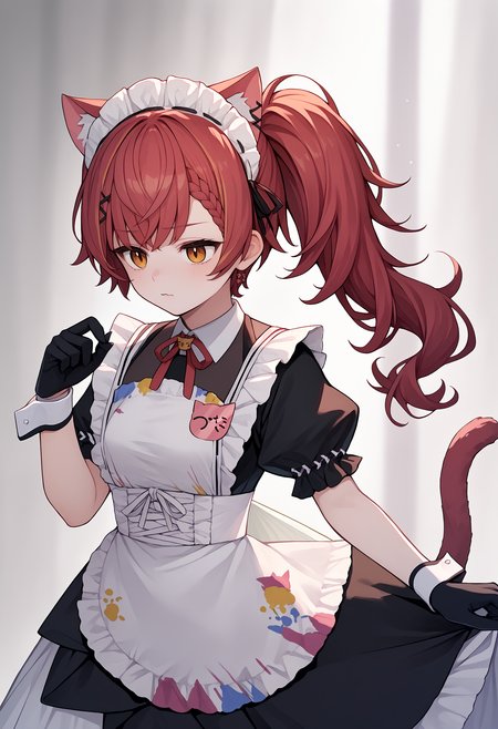 score_9, score_8_up, score_7_up, score_6_up, nekota3rd, long hair, braid, side ponytail, maid headdress, animal ears, frills, black dress, neck ribbon, white apron, maid apron, frilled apron, puffy short sleeves, wrist cuffs, black gloves, cat tail<lora:vspo_nekotatsuna_ponyXL:1>  source_anime, leaning back, hungry