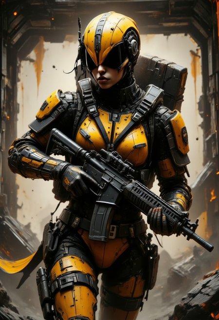 masterpiece, high-resolution sepia photograph of female space marine in yellow and black armour, hyperdetailed helmet, holding an assault rifle, dark abstract background suggesting interior of spaceship, dutch angle, dynamic, side view