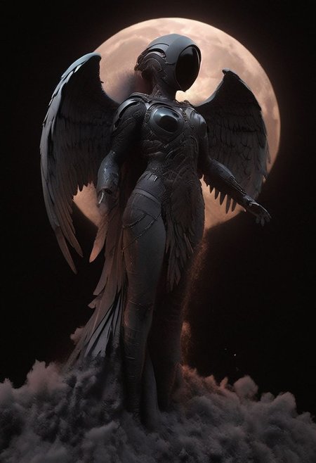 Dark luminous translucent Wings, Above the Clouds Loosing feathers, floating feathers, subsurface scattering, Capture the dystopian spectacle of female Icarus ascending too close to the sun, seen from below. Witness her wings, illuminated by the piercing light of a Blood moon, shedding feathers as they struggle against the inevitable descent. 
subsurface scattering, Angel Icarus LiS_Robot By tim burton with Large vanta black spreaded  Wings, large hooded Cape, liminal space cloud, Neon translucent Soundwaves visible on the face,
atmospheric haze, Film grain, cinematic film still, shallow depth of field, highly detailed, high budget, cinemascope, moody, epic, OverallDetail, 2000s vintage RAW photo, photorealistic, candid camera, color graded cinematic, atmospheric lighting, imperfections, natural, shallow dof