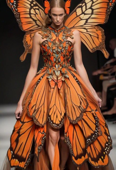 woman with a full orange butterfly dress with intricate jewelry