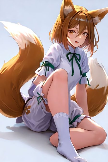 solo_focus, 1girl, ((white background, simple background)):2, (((masterpiece))), ((best quality)), ((ultra-detailed)), high resolution, absurdres, highres, ultra-detailed 8k unity wallpaper, 
Kudamaki Tsukasa, fox ears, fox tail, hair between eyes, white romper, green ribbon, white socks,