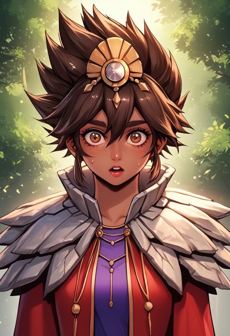 score_9, score_8_up, score_7_up, score_6_up, score_5_up, score_4_up, score_9, score_8_up, score_7_up, detailed, intricate details, chromatic aberration,  veins source_anime, , (best quality) , (highly detailed) ,((masterpiece)), ((best quality)), (ultra-detailed), ((extremely detailed)), (high resolution), 4K, (8K), best quality, (beautiful), (dynamic lighting), (super detailed skin), sharp focus, (1_girl, solo focus),  score_9,score_8_up,score_7_up,anime coloring, big eyes BREAK source_anime,anime, TaliyahLoLXL, dark skin, tanned skin, Dark skin female, dark skined, freckles, brown eyes, brown hair, short hair, sidelocks, hair between eyes, hair ornament, spiked hair, medium breasts, stone capelet, cape, red jacket, purple dress, solo,  front view, (portrait, upper body), solo focus, wide eyed, panicked, panic, mouth open, suprised, sweating, bewildered, hands up, looking at viewer, forest, tree <lora:TaliyahLoLXL:0.9>
(Upper body, portrait) , phantom_ix_row_style, masterpiece, best quality, <lora:PhantomIxRowStyle:0.9>, "Closer to artist's style"