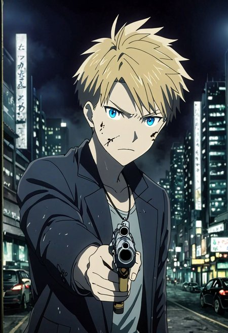 high resolution, professional photography, best quality, 1Boy, Yamato Ishida, blond hair, deep blue eyes, necklace, potrait, midnight, big city, dim street lights, dirty, cold, tense, mysterious, sharp eyes, merciless, threatening, weapon, aiming the weapon at the viewer, OverallDetail