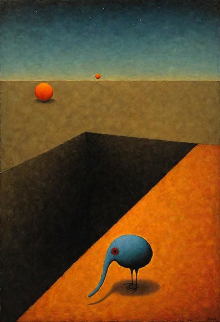 Style by Pawel Kuczynski and Joan Miro and Graham Sutherland, surreal abstract art, nightmare residue of dark shine, abstract shy ibis paradoxes, depth of field, red, orange and blue color palette, unsettling, asymmetric abstractions, expansive, surreal masterpiece, juxtaposition of the uncanny and the banal, sharp focus, smooth, never seen before
