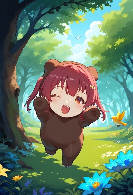 4k, 8k, score_9,  source_anime , realistic , 1girl , solo , uncensored  , perfection , eyelashes , shiny skin , glow skin, iridescent skin, oily skin, sharp focus, intricate details, directional lighting , hyperdetailed , very aesthetic, illustration ,  iridescent , ethereal light ,
kumarine
 cheerful, playful personality, The sun is shining, and colorful flowers bloom around ,giggles, waving paws in the air , peaceful forest with birds  trees, 