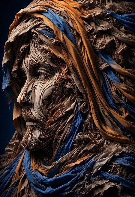 RAW closeup photo, peaceful children face, macro shot, dark blue, orange, gold scarf, masterpiece, colorful details, award winning, high detailed, 8k, natural lighting, analog film, detailed skin, amazing composition, intricate details, subsurface scattering, vellus hairs, amazing textures, soft light