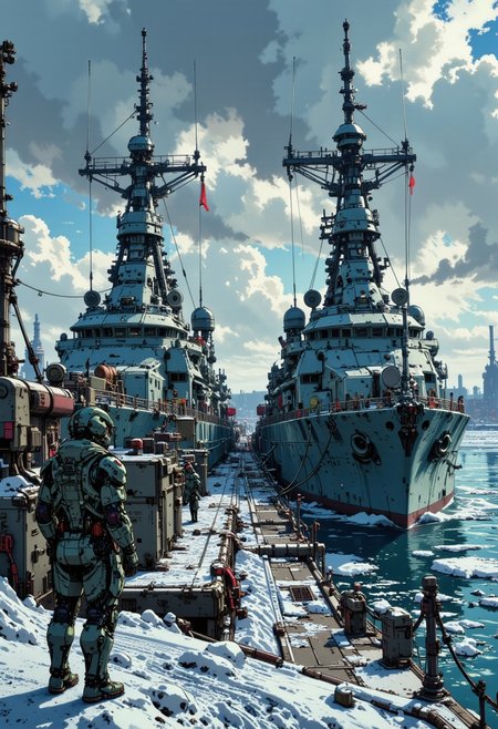 in the style of ck-mgs, A digital artwork in the style of cknc, a_skynet_cyberdyne_craft, the image is featuring two enormous plasma gun turrets overlooking a futuristic, highly advanced sci-fi naval base, with several military buildings.  Naval ships in winter camouflage of grey and white paint are moored against the dock, winter, snow on the ground, small ice floes, stormy sky, directional weak sunlight, dutch angle