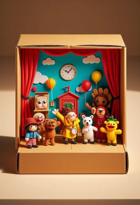 <lora:Finger_Puppet_Theater_FLUX-000013:0.9>
The image is a photograph of a whimsical, handcrafted diorama with a cardboard box set up as a stage,  featuring  a parade with balloons