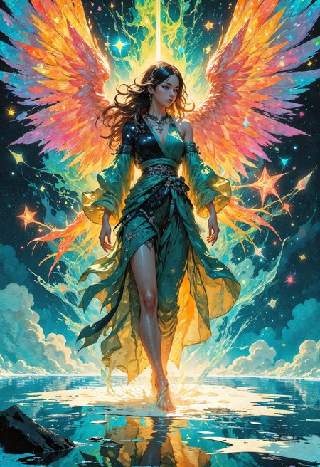 (in Otomo Katsuhiro style:1.2), masterpiece, high-quality, A winged dreamweaver in flowing robes that ripple like water, her wings made of transparent glass fragments reflecting rainbow-hued light, She walks across a body of liquid glass, each step creating ripples that form fleeting visions of unknown worlds, The space around her is misty and timeless, glass wings, liquid reality, transient worlds, Stylized anime-fantasy with luminous reflections and soft ethereal effects, (elaborate fine details:1.1), (hyperdetailed:1.1), (intricate details:1.0), (Refined details:1.1), (best quality:1.1), (high resolution:1.2), <lora:FLUX\Anime v1.3:0.6> <lora:FLUX\VividlyReal:0.6> <lora:FLUX\FLUX-daubrez-DB4RZ:0.4>