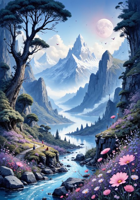 A mesmerizing alpine surrealist painting portraying a hidden valley where rugged, snow-capped mountains gracefully meld into an enchanted forest. The scene bursts with vibrant watercolor hues of cobalt, violet, and emerald, illuminated by ethereal moonlight and a delicate, iridescent fog. Twisted ancient trees, crystalline streams, and luminescent wildflowers create a dreamlike mosaic of nature and fantasy. Delicate, fantastical creatures flutter amid swirling mists, while majestic rock arches define the horizon. 8k, masterpiece, intricate detail, digital art, hyper-realistic ambiance, ambient lighting. <lora:flux_ptchkrawk:0.2> <lora:zyd232_Ink_Style_Flux1D_v1_1:0.4> <lora:MushyFunk:0.8> <lora:artisketchyfs-v02:0.7> <lora:flux_dev:1>