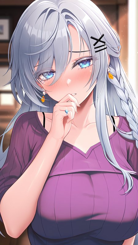 amazing quality,absurdres,best quality,masterpiece,highres,newest,detailed,detailed body,detailed face,masterpiece,best quality,solo,
äººå¦»ã³ã³ãã£ã·ã§ãã³ã°,1girl,solo,braid,jewelry,long hair,hair ornament,ring,earrings,blue eyes,sweater,hairclip,collarbone,purple shirt,grey hair,<lora:äººå¦»ã³ã³ãã£ã·ã§ãã³ã°:0.8>,