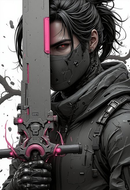 nistyle, monochrome Manga Sketch, face Closeup, a dark hairbun, ponytail, Killing Gaze smile, eerie, eyes Shrouded in darkness, hyperdetailed manga sketch style, with bleached vibrant colorful neon color Highlights, grey, and white color grading. Wielding a Translucent vibrant sss technical intricate essembled wired snake-sword with Glitch effects in another contrast application