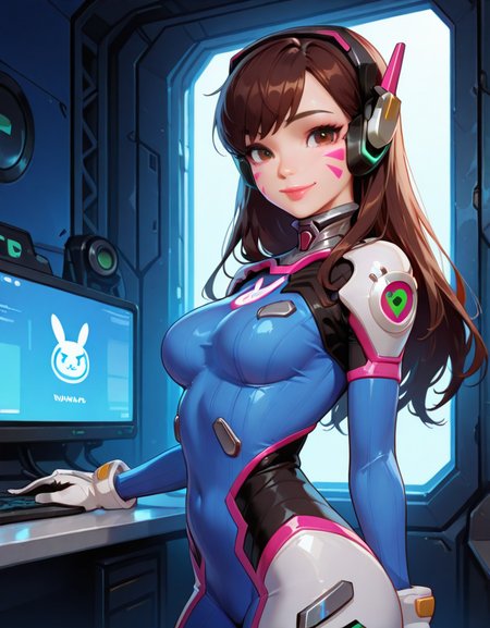 masterpiece, best quality, amazing quality, very aesthetic, absurdres,  newest, detailed background, cowboy shot, 4k, 8k, 
dvaxd, 1girl, solo, whisker markings, bodysuit, brown hair, long hair, facial mark, breasts, headphones, bunny print, brown eyes, skin tight, gloves, smile, facepaint, looking at viewer, white gloves, ribbed bodysuit, bangs, pilot suit, medium breasts, lips, blue bodysuit, shoulder pads, swept bangs, pink lips, from side
 <lora:D.Va_-_Overwatch_Illustrious:1>