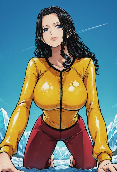 score_9, score_8_up, score_7_up, source_anime, 1girl, large_breasts, mature_female, solo, looking_at_viewer, open_eyes, Kneeling with one arm extended upwards, atmospheric_perspective, Lemon rash guard, ringlets, mullet, Jet Black hair, glacier, cowboy_shot, rating_safe, <lora:Illustrous\shellmaru:0.9>