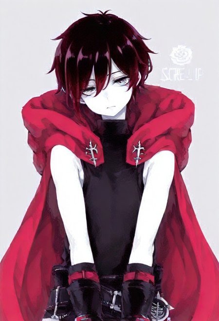 Solo , 1 boy  , score_9, score_8_up, score_7_up, score_6 ,Garnet_Rose , Garnet_BroRose,  dark red hair white skin , grey eyes , red cape , black clothes , black boots , front view , upper body focus , upper body only