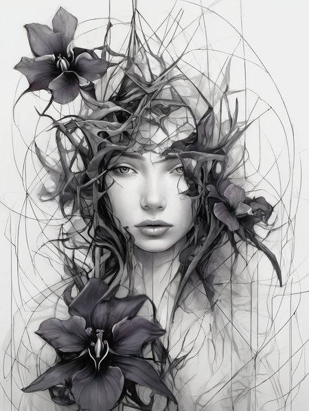beautiful young girl with a black orchid, Surreal, abstract, bizarre, <lora:add-detail-xl:1.8> . Eerie, unsettling, dark, spooky, suspenseful, grim, highly detailed, darkness, midnight, Extremely high-resolution details, fine texture